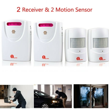1byone 2 Set Wireless Driveway Alarm Alert System Home Security Doorbell Kit, 2 Battery-operated Receiver and 2 PIR Motion Sensor Detector Weatherproof Patrol Infrared Alert System