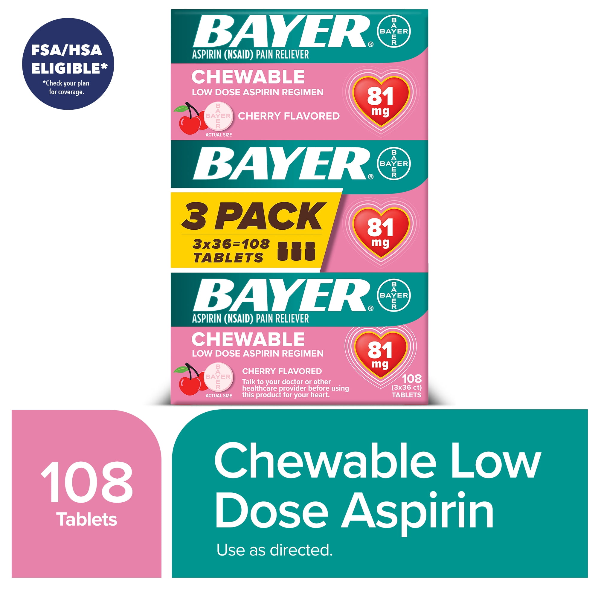 Bayer Chewable Aspirin Regimen Low Dose Pain Reliever Tablets