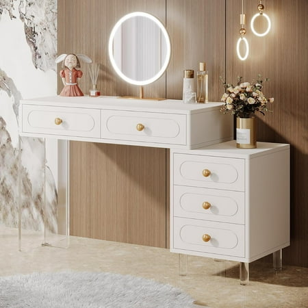 Tribesigns Modern Vanity Desk with 5 Drawers, Extendable White Makeup Vanity with Acrylic Base