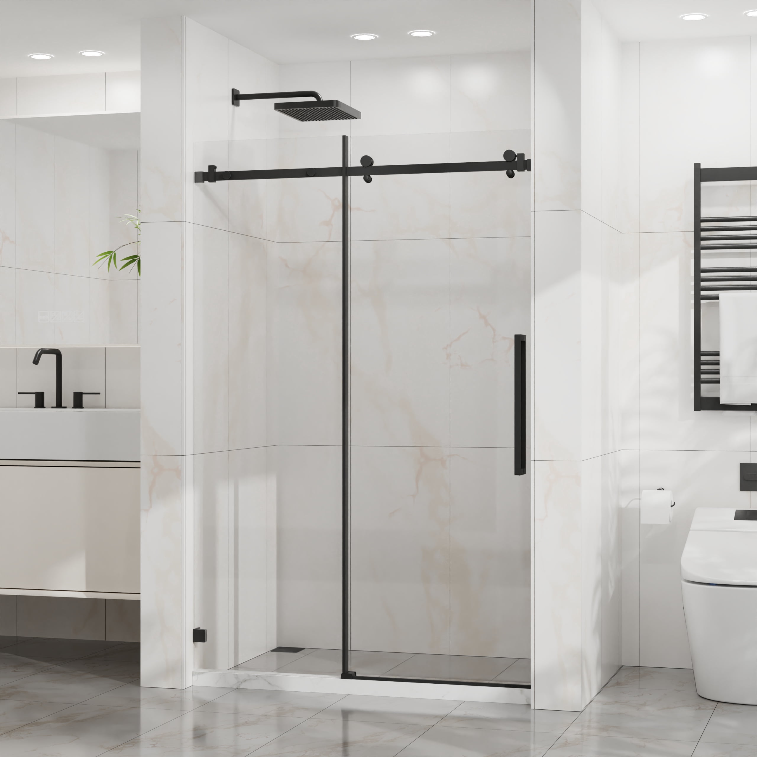 Frameless Shower Door, 48" W x 72" H Sleek Silent Sliding Glass Door, 1/4" (6mm) Thick Tempered Clear Glass with Easy-clean Coating, Heavy-Duty 304 Stainless Steel, Matte Black02