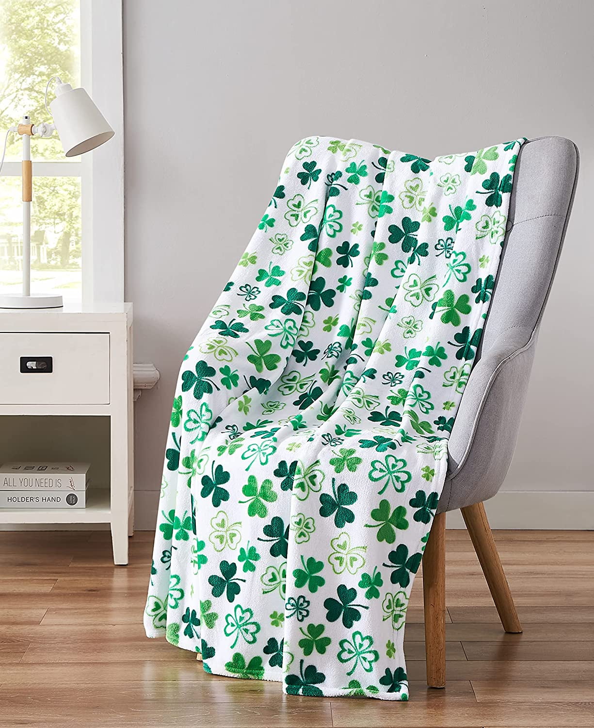 St. Patrick's Day Soft Throw Blanket: Greens of Ireland Four Leaf Clover Shamrock Design (White with Clovers)