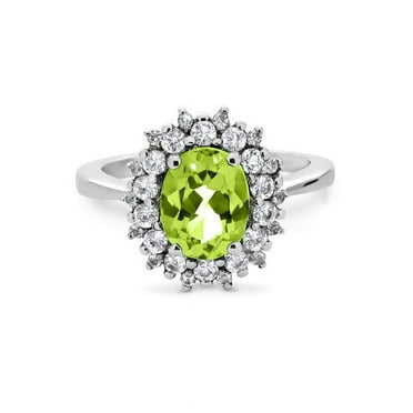 Sterling Silver Rhodium Plated Oval Peridot And White Topaz Halo Ring