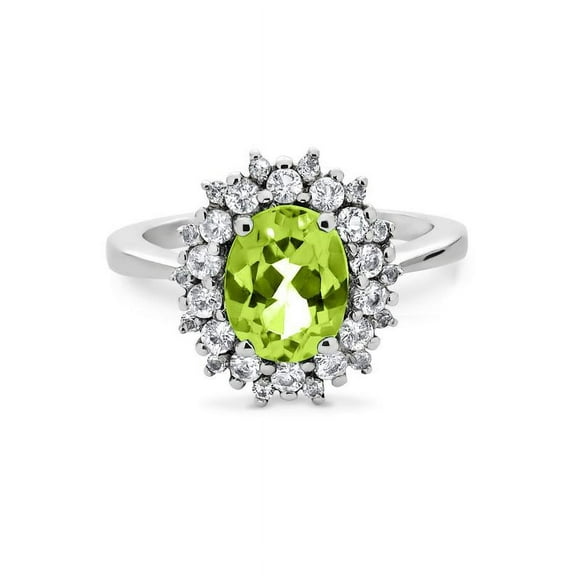 Sterling Silver Rhodium Plated Oval Peridot And White Topaz Halo Ring
