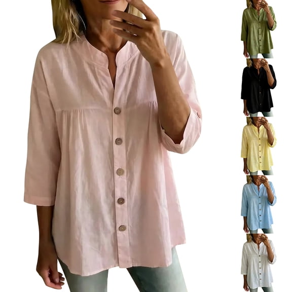Only Moment Blouses for Women 3/4 Sleeve V Neck Wash Cotton with Button Cuffs Dressy Casual Summer Outfits Early Fall Fashion Spring Clothes Pink,S
