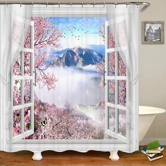 3D window opening scenery window landscape printed shower curtain mildew washable curtain bathroom decoration with hooks curtain