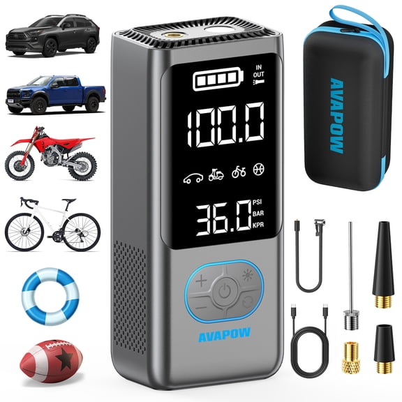 AVAPOW Cordless Tire Inflator 12000mAh, 150 PSI Portable Air Compressor, Automatic Shutoff Car Air Pump for Car Tires, with Tire Pressure Gauge, Compact Tire Pump Fast Inflation for Cars
