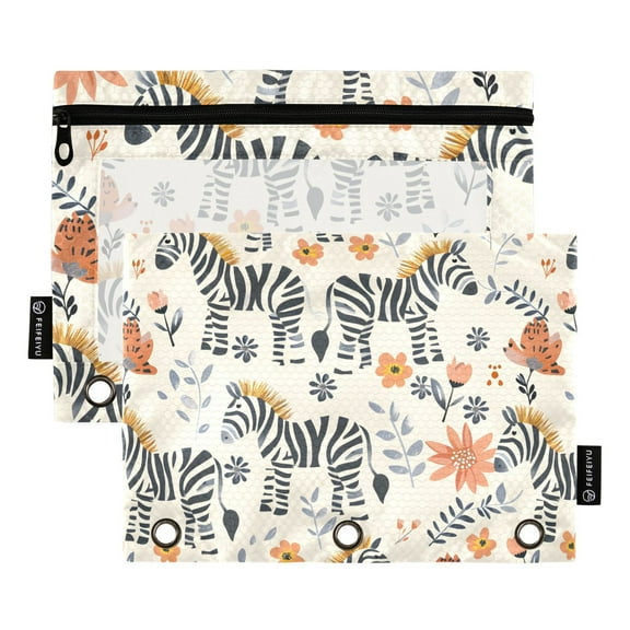 Cute Hand Drawn Zebras 2 Pack Pencil Pouch for 3 Ring Binder Smooth Zipper Folders with Pockets Clear Window Pencil Case