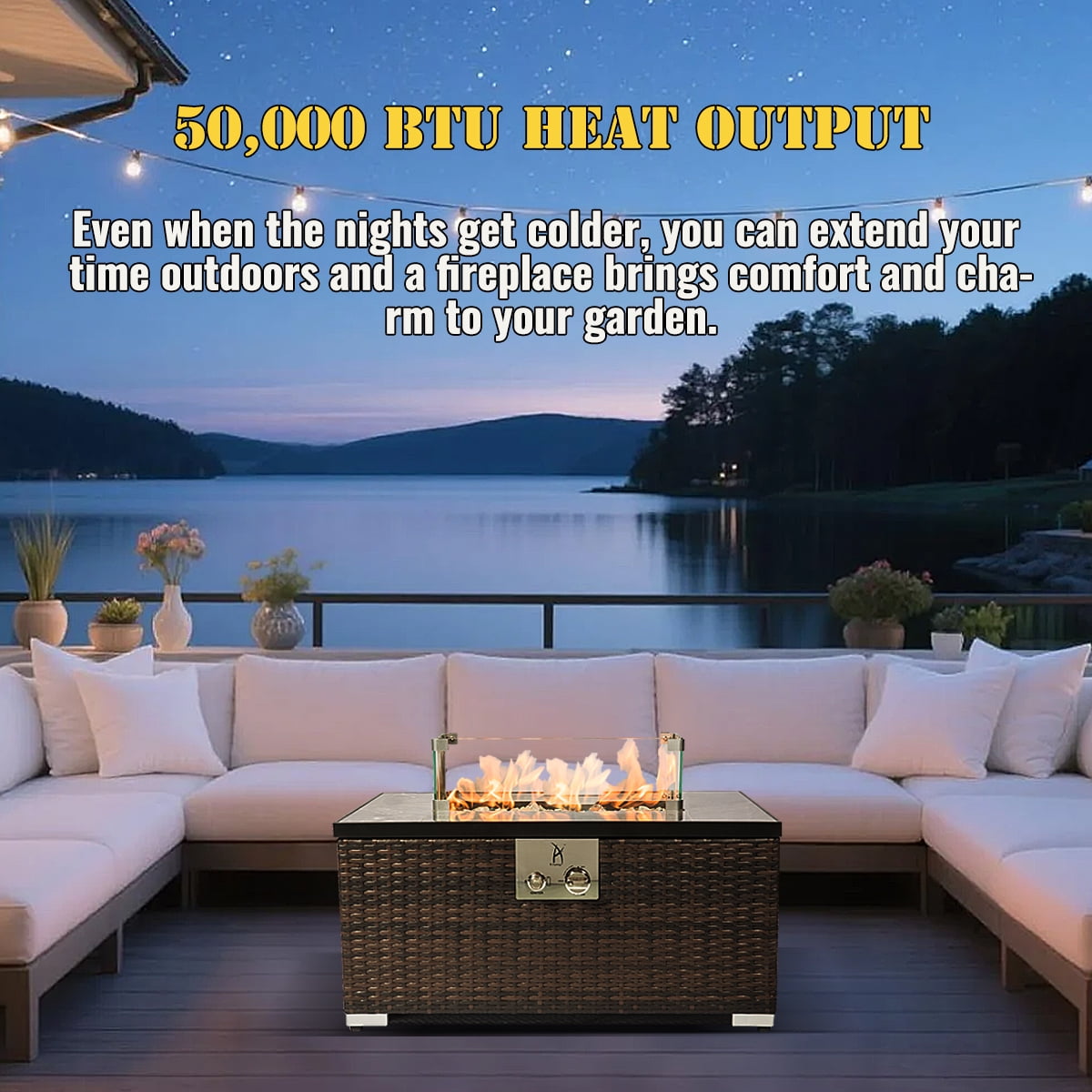 AJ Enjoy 32'' Propane Fire Pit Table, Marble Textured Ceramic Tabletop, 50,000 BTU Fire Table with Brown Wicker, Mix Color Glass Rocks, Including Lid&Cover