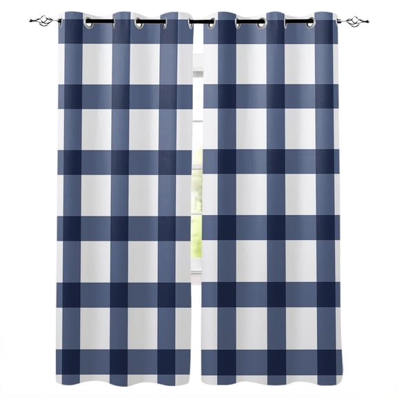Blackout Curtains for Bedroom, Navy Blue Plaid Check, Room Darkening Window Drapes for Living Room, Geometrical Abstract Lattice Thermal Insulated Grommet Curtains, 27.5x39 inch, 2 Panels