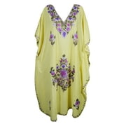Mogul Womens Long Kaftan Yellow Kashmiri Floral Hand Embroidered Sleepwear Maxi House Dress
