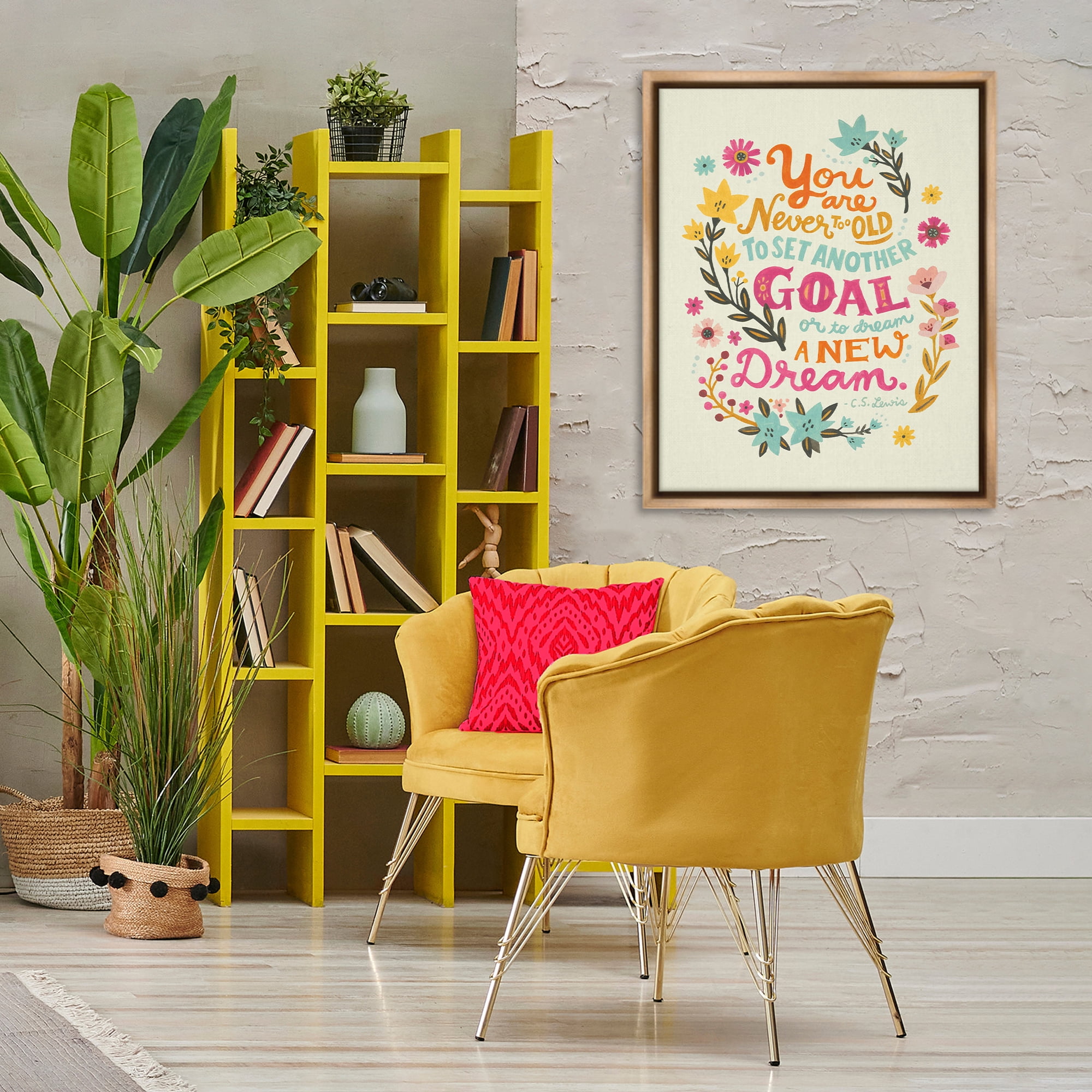 Stupell Industries Never Too Old Inspiring Quote Plants & Flowers Painting Brown Floater Framed Canvas Art Print Wall Art, 25 x 31