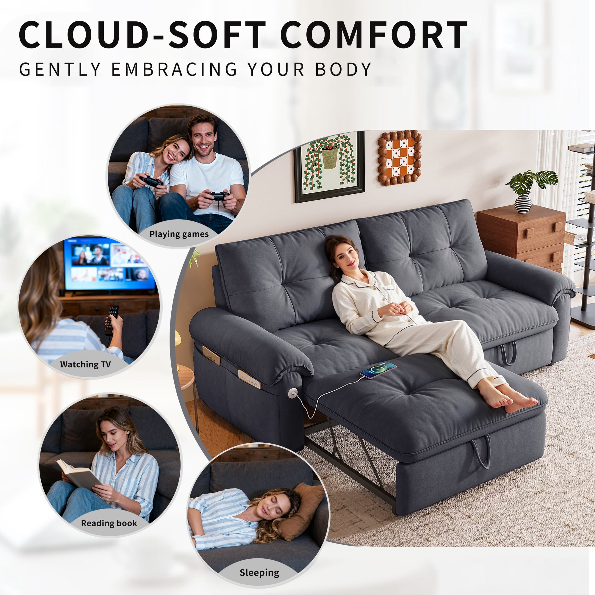 AISWORD 77"W Convertible Sleeper Sofa Bed,Velvet Pull-Out Loveseat Sofa Couch with USB Charging Port & Side Pockets,Modern Living Room Furniture for Small Spaces,Grey