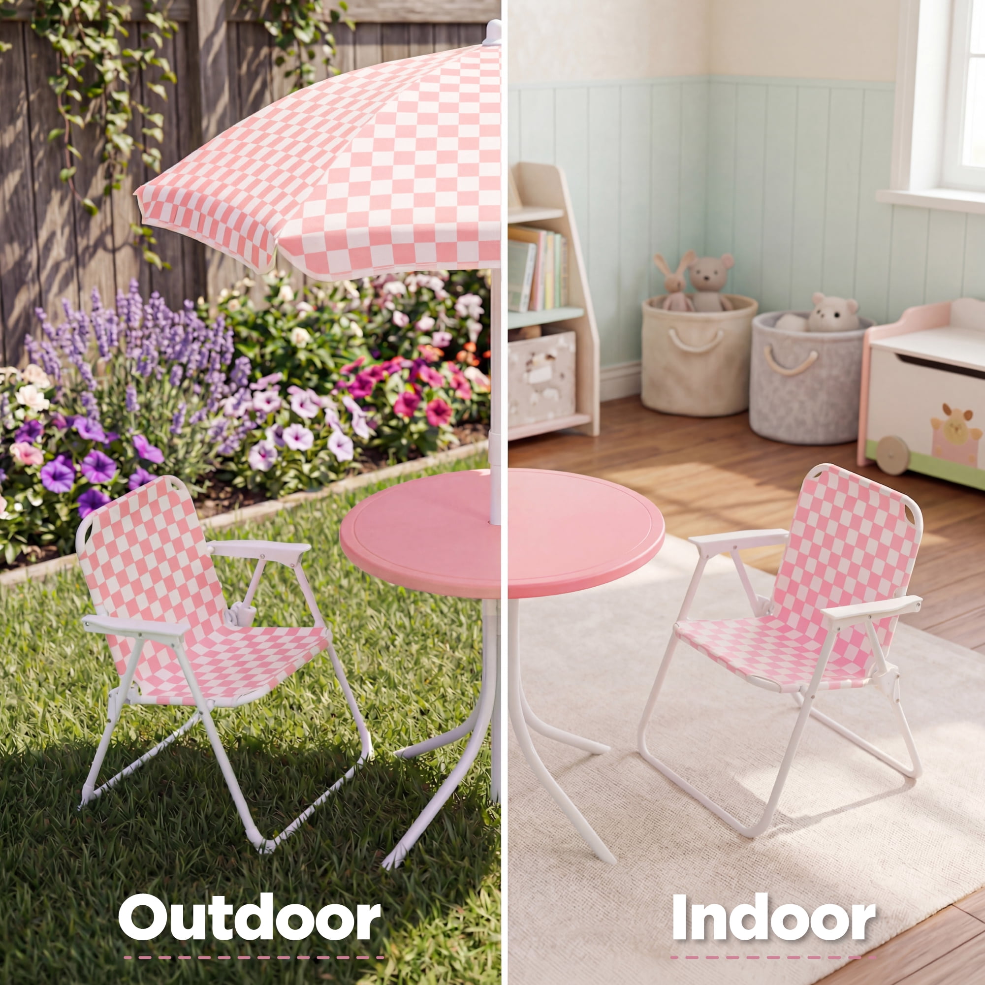 Best Choice Products Kids Outdoor Table and Chair Set with Umbrella, 3-Piece Foldable Toddler Picnic Set Ages 2-5 - Pink