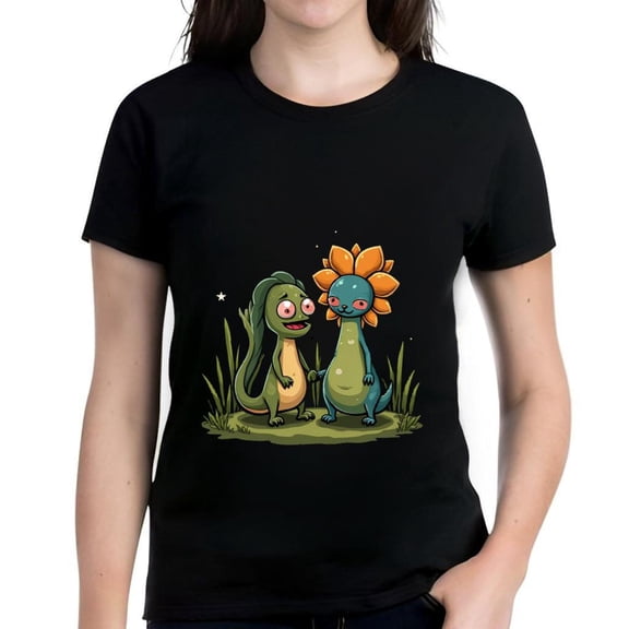 Cute Cartoon Dinosaurs Women's Cotton Short Sleeve T-Shirt - Green & Blue Dino Design with Flower Fun Graphic Tee for Casual Wear