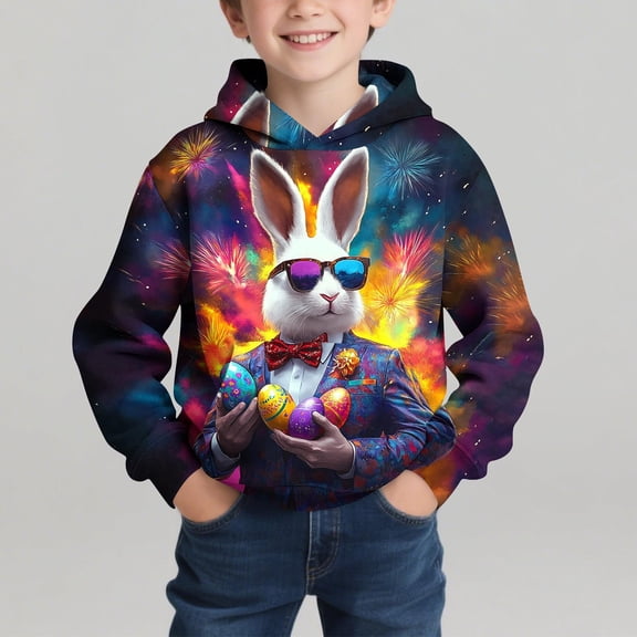 BaoFuBaoMei Hoodie for Boys Pullover Easter Bunny Long Cuffed Sleeve Sweatshirt Tops Fleece Lined Loose Hooded Fall Clothes for Family Gathering Dinner
