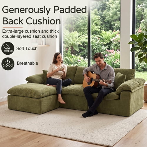 102.3" Modular Sectional Sofa, L-Shape Cloud Couch with Movable Ottoman, Comfy Chenille Deep Seat Sofa with Soft Pillows for Living Room Apartment, Green