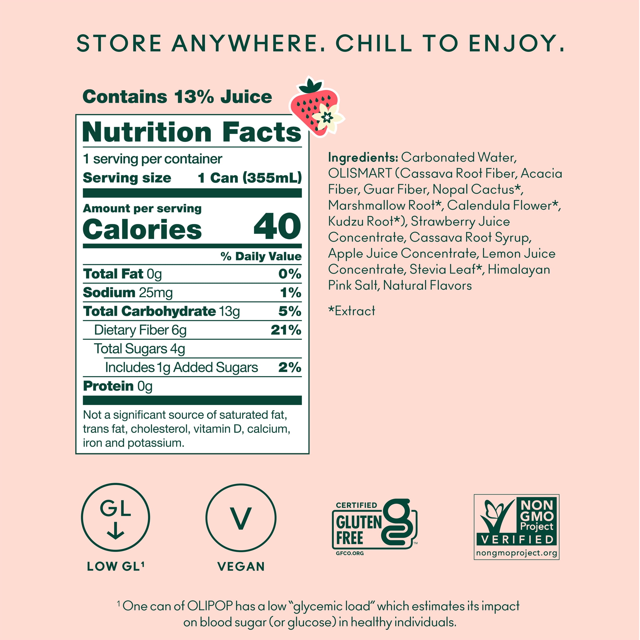 (4 pack) OLIPOP 6g Fiber Prebiotic Soda, Strawberry Vanilla, 12 fl oz, Single, Shelf Stable