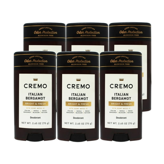 6 Pack - Cremo Italian Bergamot Aluminum Free Deodorant for Men, Long-Lasting Odor Protection, 2.65 OZ
