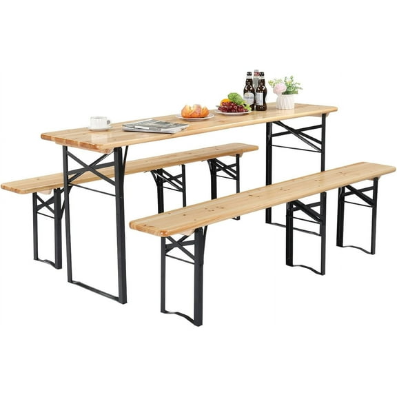 CZMJY 70 Inch Folding Picnic Tables with Benches Set, Weather-Resistant Wooden Beer Garden Table Bench, 3-Piece Portable Fold Up Camping BBQ Table w/Carrying Handles