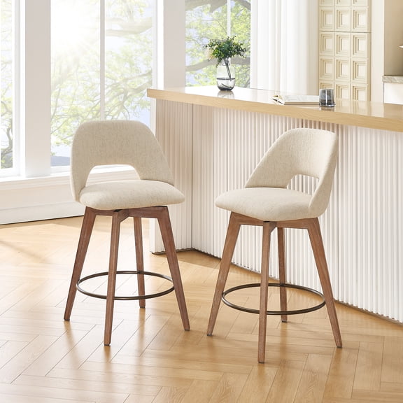 ONEVOG 26.8" Counter Height Swivel Bar Stools Set of 2, Mid-century Bar Chairs with Solid Wood Legs, Comfortable Linen Upholstered Bar Counter Stools for Kitchen Island, Beige