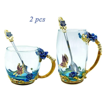 Peroptimist 2PCS Flower Glass Tea Mug with Spoon, Lead Free Handmade Enamel Rose and Butterfly Clear Glass Coffee Cup with Handle, Unique Christmas Birthday Gift for Women Mom Grandma Female