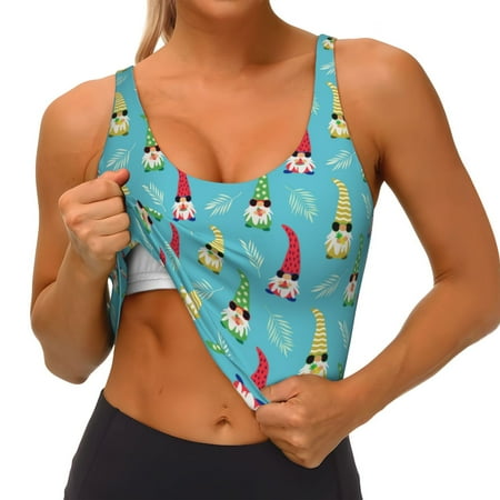 Qokaie Gnomes Holding Fruits Pattern Womens Scoop Neck Sports Bra Breathable Workout Vest Padded U Back Medium Impact Fitness Gym Yoga Bra Workout Crop Top