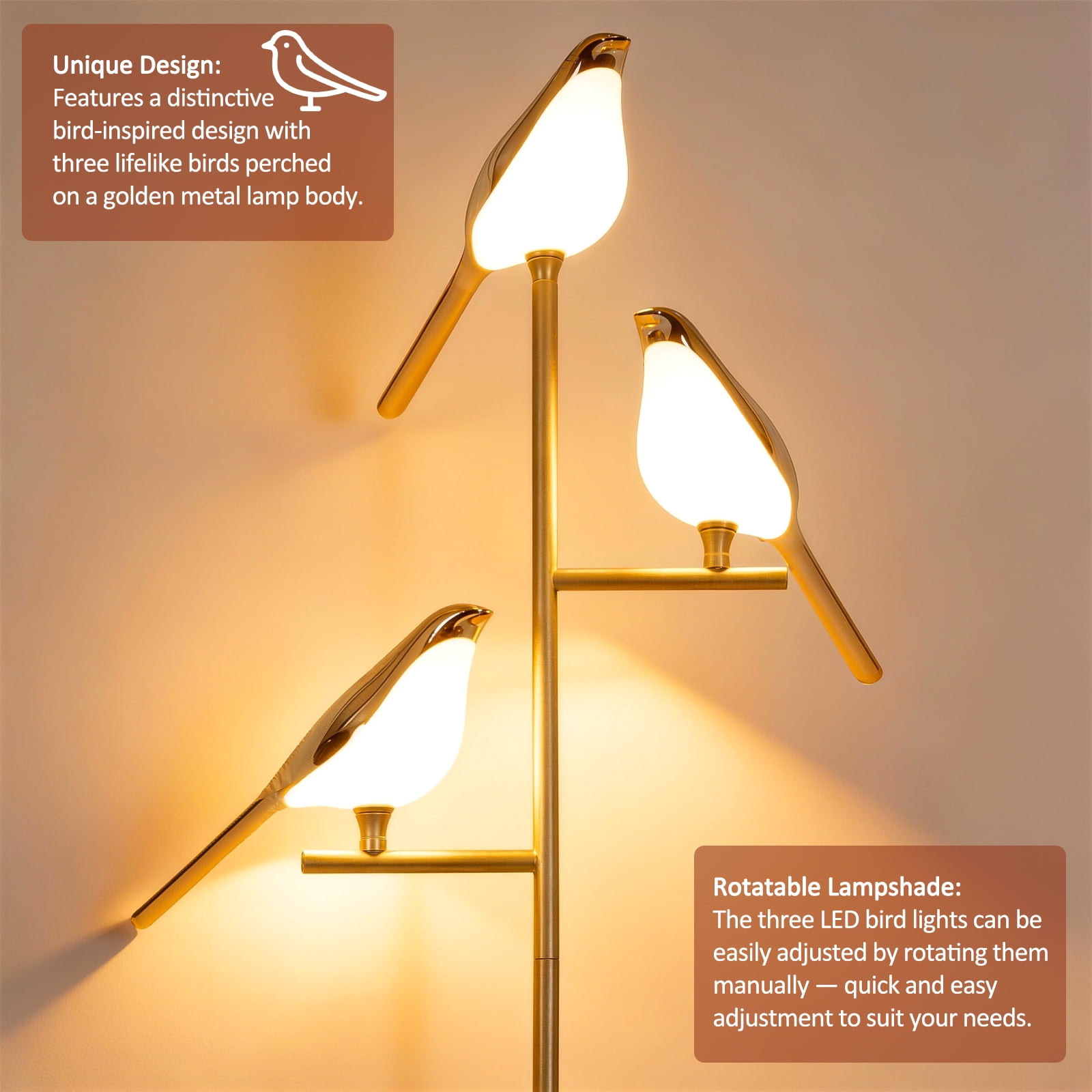 74" Floor Lamp for Living Room,3 Bird Floor Lamp with Remote Control,Dimmable Standing Lamp Tall Pole Lamps for Bedroom,Gold,Bulb Included