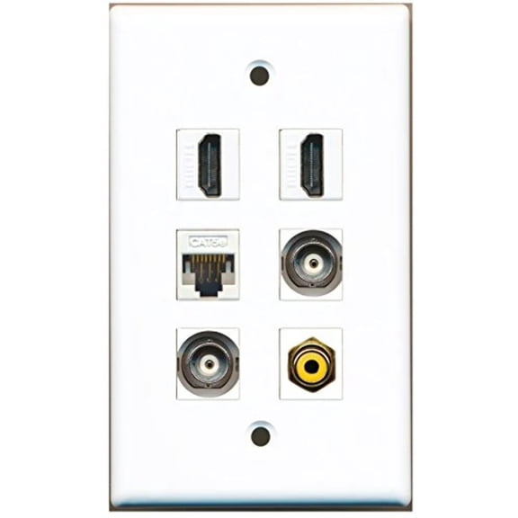 RiteAV - 2 HDMI 1 Port RCA Yellow 2 Port BNC 1 Port Cat5e Ethernet White Wall Plate