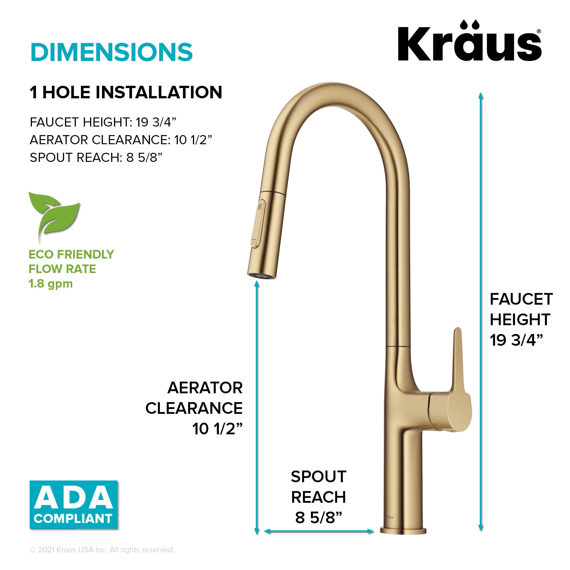 Kraus Oletto Tall Modern Pull-Down Single Handle Kitchen Faucet in Brushed Gold