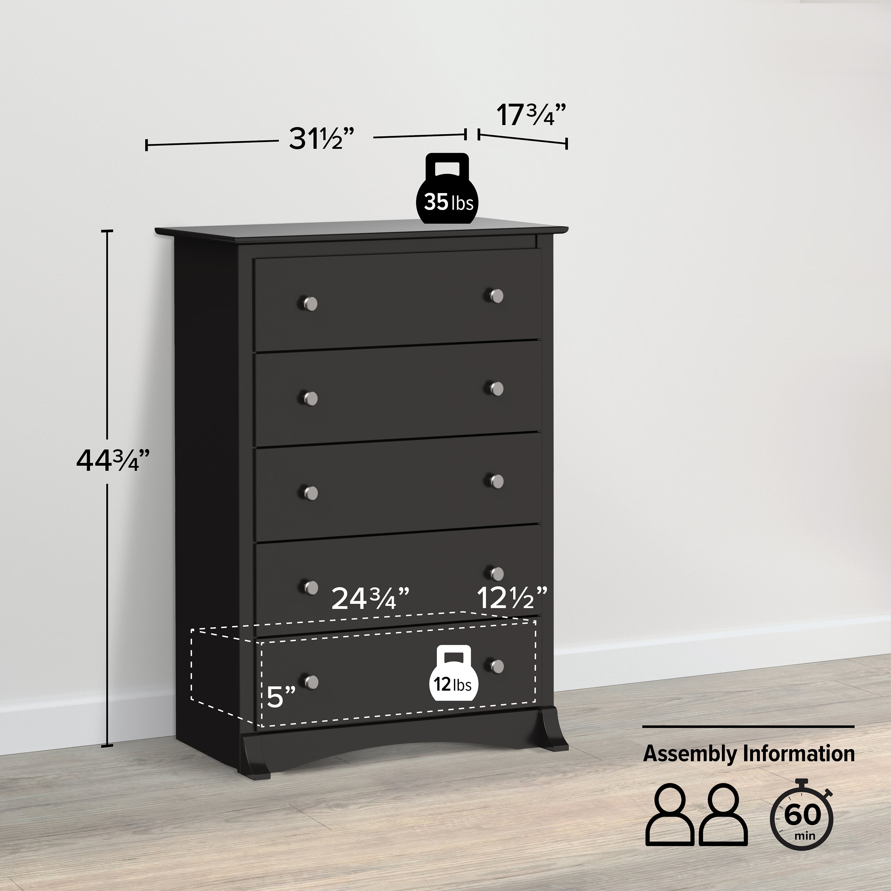 Prepac Sonoma Superior 5-Drawer Chest for Bedroom - Spacious and Stylish Chest of Drawers, Measuring 17.75