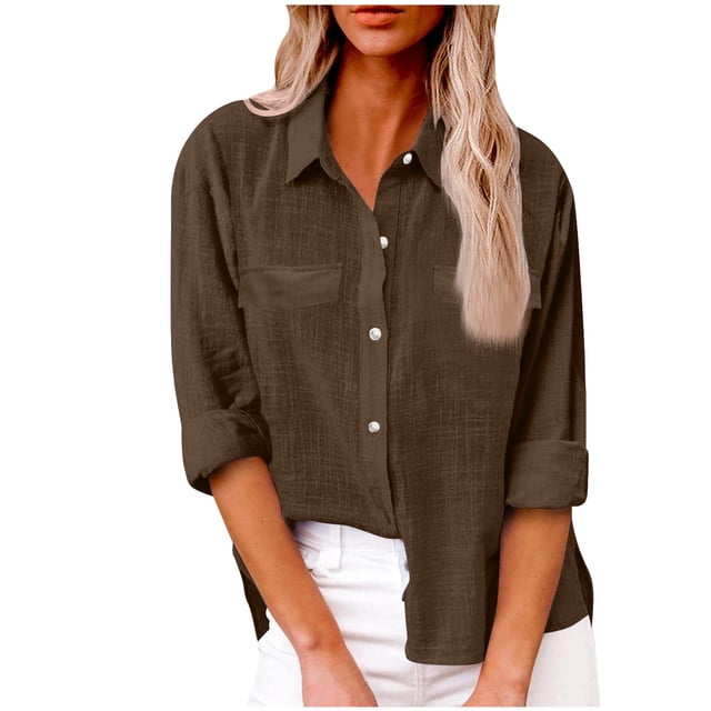 Yuyuzo Womens Button down Shirts Cotton Linen Fall Loose Casual Long Sleeve Solid Color Blouses