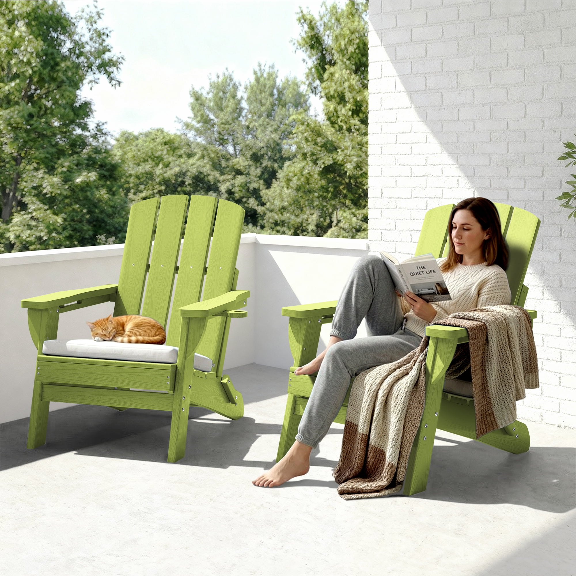 SUUNYN Folding Adirondack Chair, HDPE All-Weather Fire Pit Chairs, Plastic Adirondack Chairs with 2 Cup Holder,Light Green