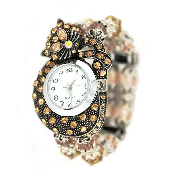 Bracelet Women's Quartz Watch - Kitty Frame Design w / Rhinestones and Beaded - Brown - WT-KH01407BN