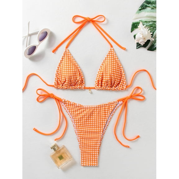 Top-kevin Bikini Set for Women Two Piece Swimsuits V Neck Low Rise Crisscross Back Self Tie Spaghetti Straps