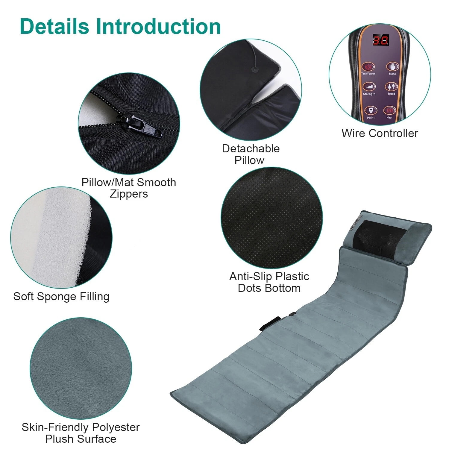 Electric Full Body Massage Mat with Heating, 10 Massage Points & Neck Massager, 9 Modes Adjustable Intensity, Portable Mat for Chair Bed Floor, Home Office Relaxation