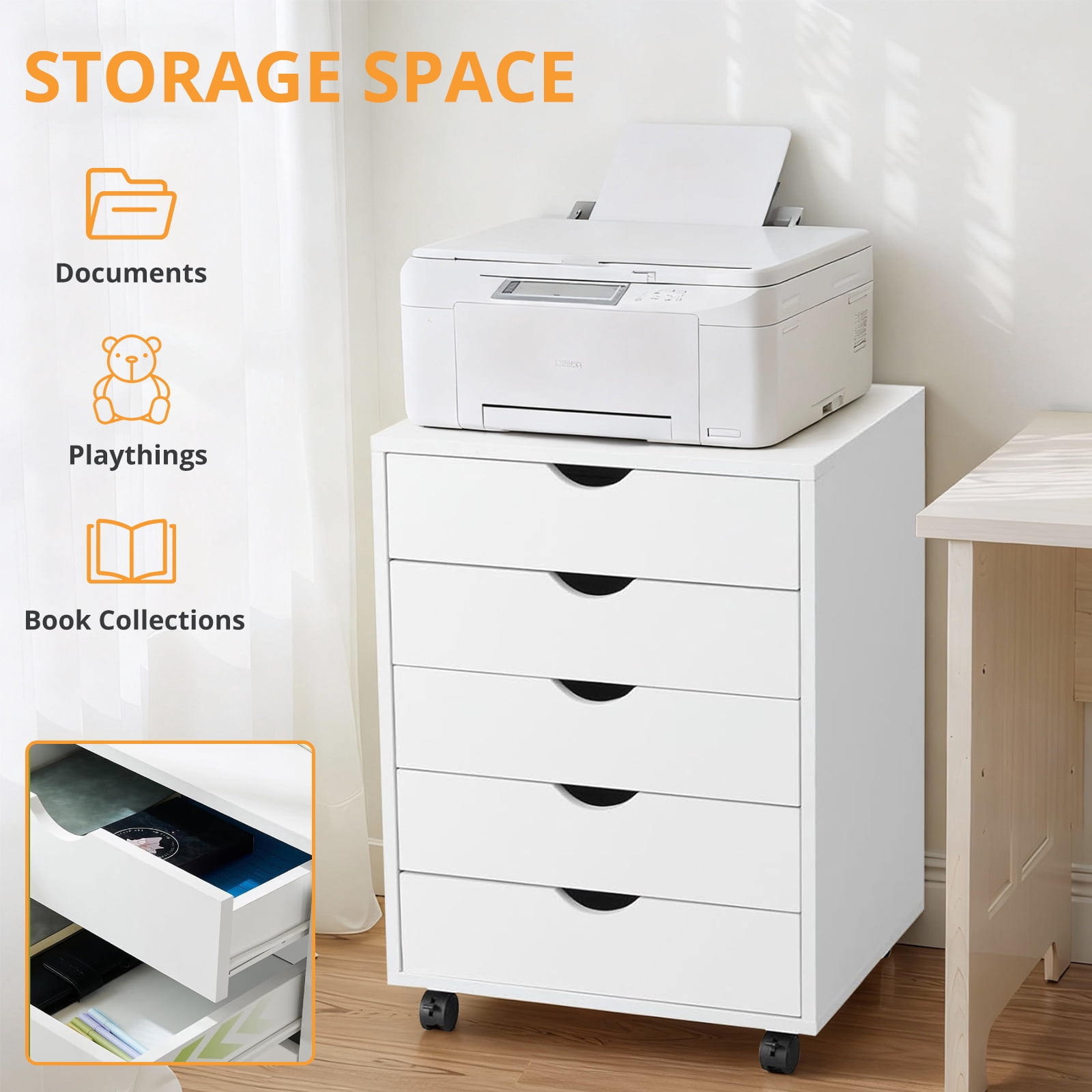 Sybels 5-Drawer Rolling Storage Cart, Mobile File Cabinet & Organizer Dresser with Wheels for Home Office, Wood Chest, White