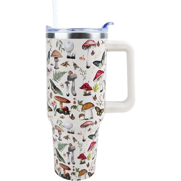Mushroom Cup 40 oz Tumbler with Handle and Straw Lid Leak Proof - Mushroom Butterfly Coffee Travel Mug with Handle Insulated for Hot Cold Ice Mother''s Day Birthday Gifts for Women Stainless Steel