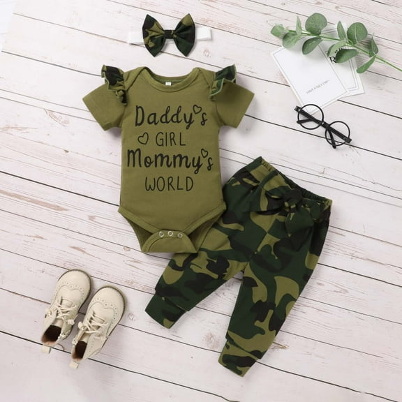 Delliss Infant Girls 3 Pieces Outfit Sets With Headband Camouflage Short Sleeve Cotton Jumpsuit And Long Pant 0-1 Years