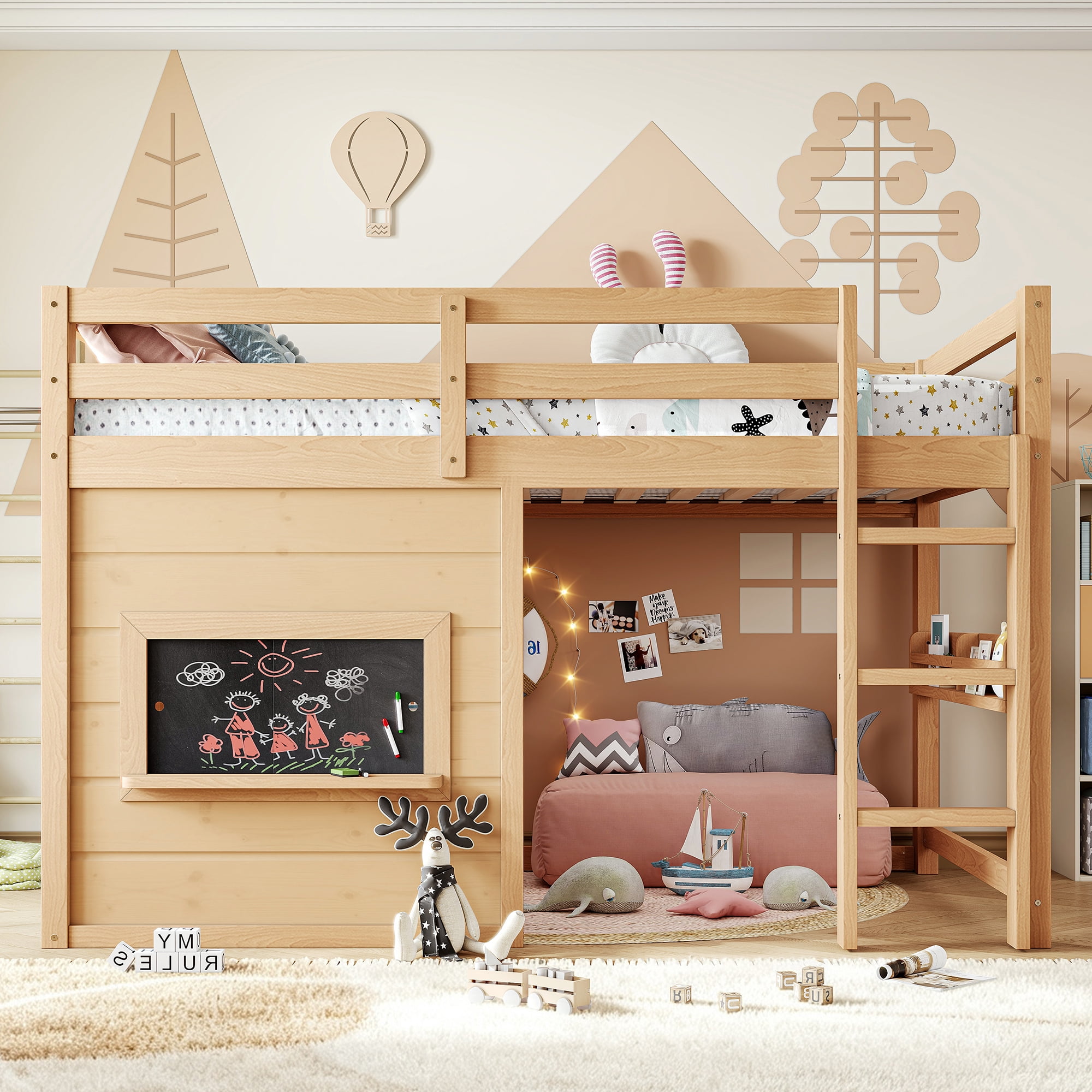 Leumius Twin Size Loft Bed with Storage Shelves,Solid Wood Low Loft Bed Frame with Chalkboard and Bookshelf,Space Saving,Light Natural