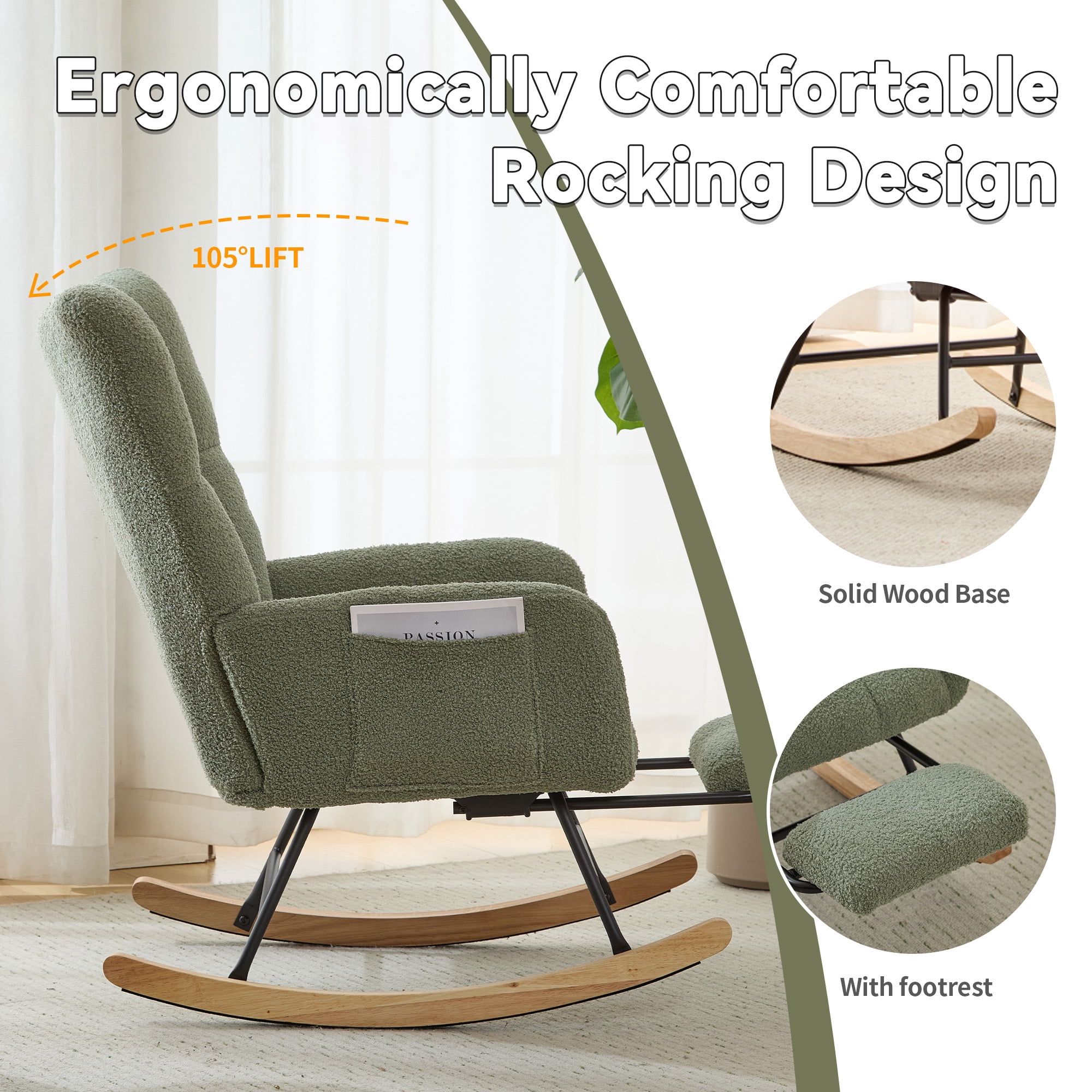 Leumius Nursery Rocking Chair with Footrest,Teddy Fabric Upholstered Glider Rocker Chair with High Backrest,Side Storage Pocket & Solid Wood Legs,Comfy Accent Chair for Living Room Bedroom,Green