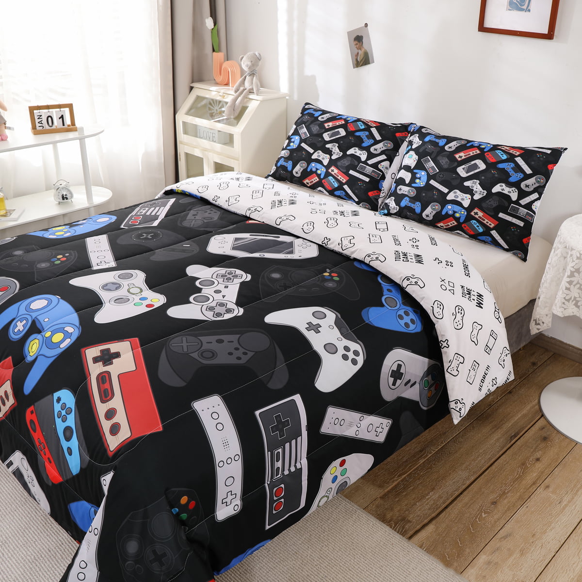  Comforter Set Full Size, Gaming Gamer Retro Cute Soft Bedding  Set for Kids and Adults, Game Funny Bear Comforter Set with 2 Pillowcases  for Bedroom Bed Decor : Home & Kitchen