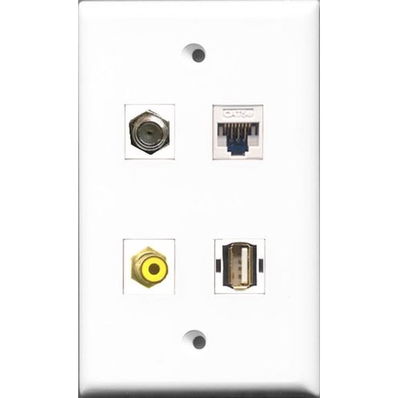 RiteAV 1 Port RCA Yellow and 1 Port Coax Cable TV- F-Type and 1 Port USB A-A and 1 Port Cat5e Ethernet White Wall Plate