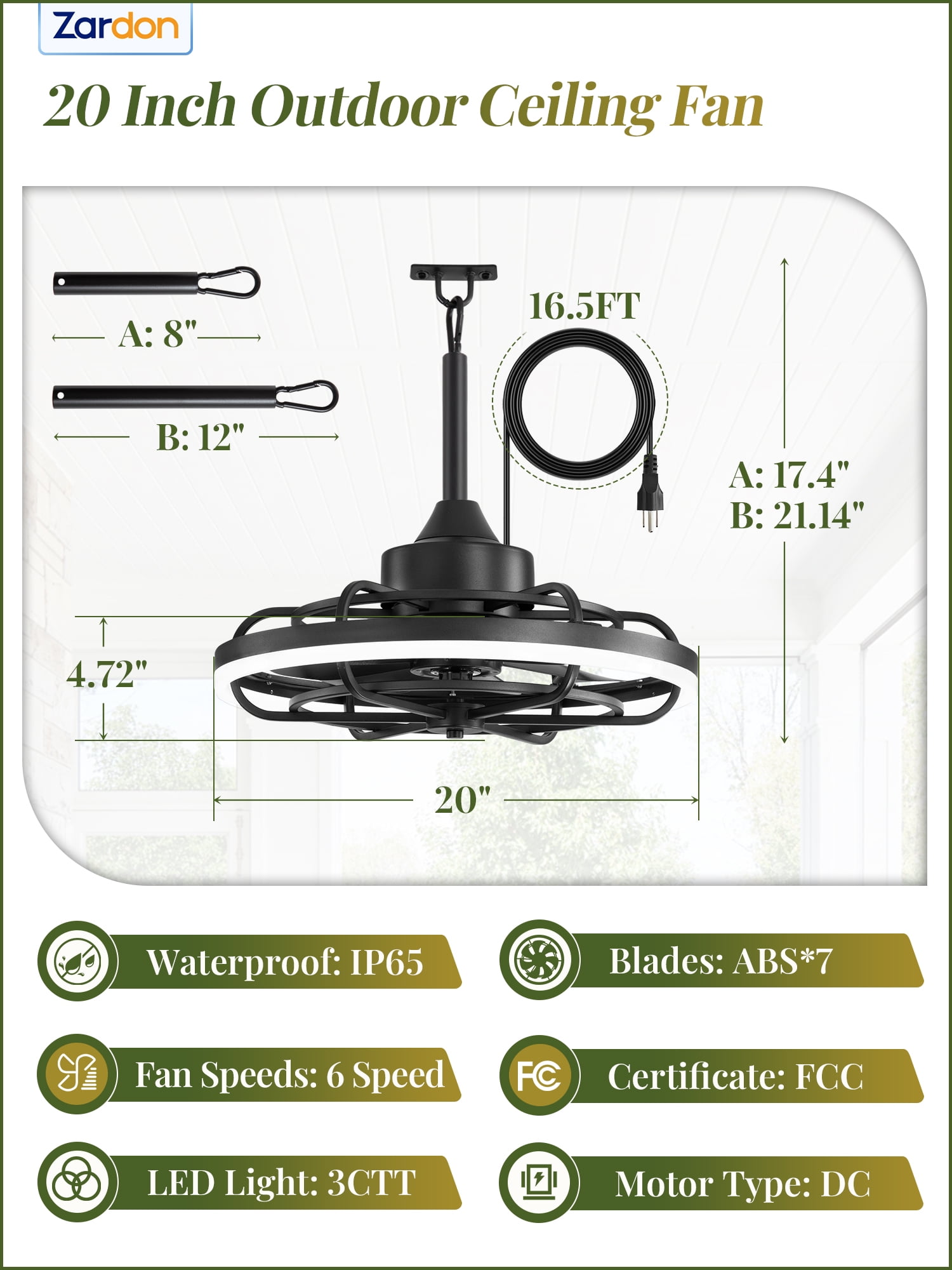 Zardon 20" Modern Outdoor Ceiling Fan with Light - Remote & App Control, 6 Speeds, 3 Color Temperatures for Patio, Entryway, Outdoor, Black