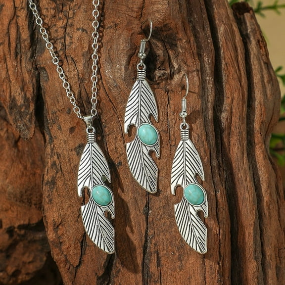 Bohemian Style Alloy & Synthetic Turquoise Pendant Necklaces & Dangle Earrings Sets Silver Feather 66x13mm