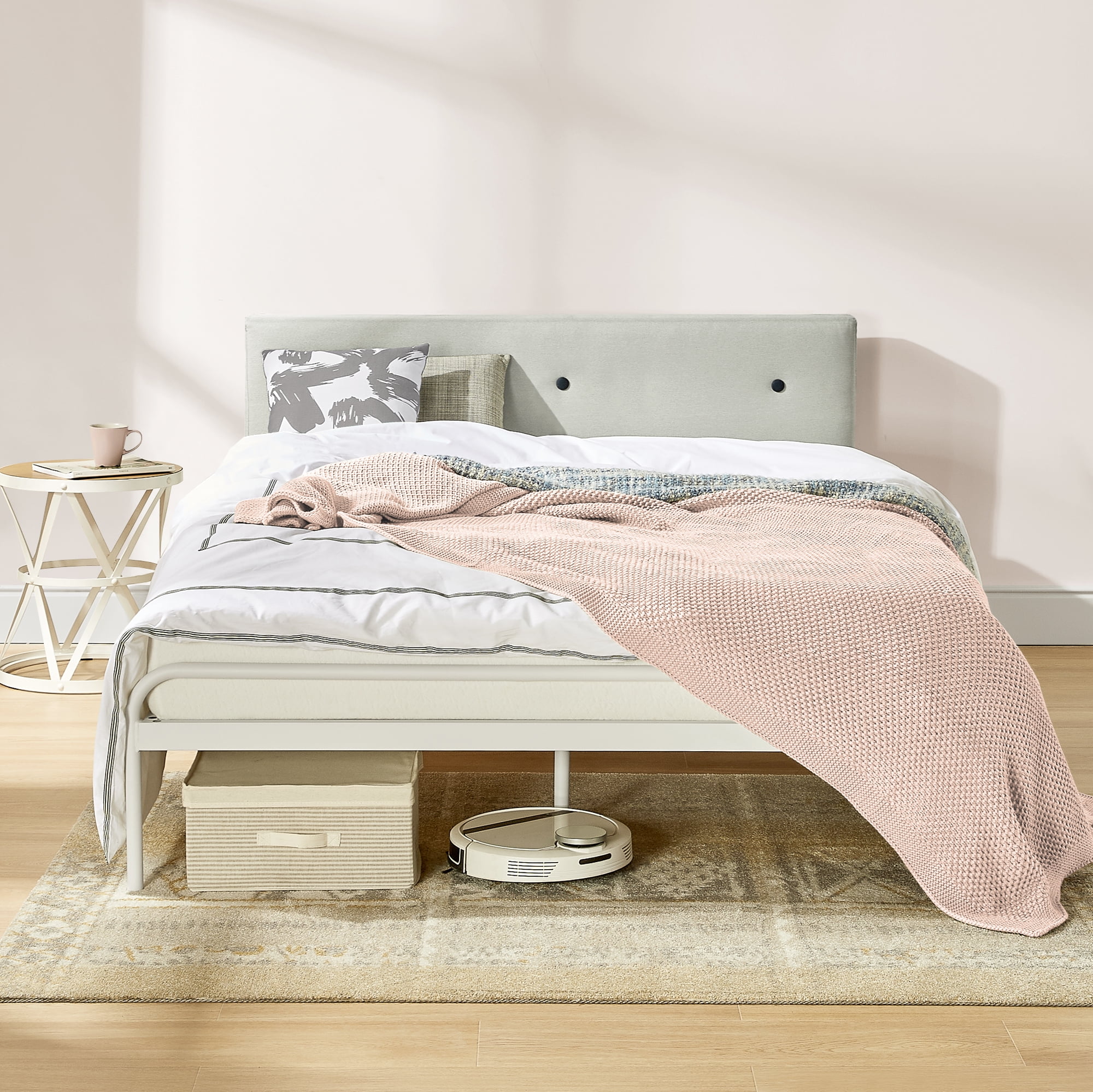 Mellow Maggie Metal Platform Bed with Upholstered Cushion Headboard, Sky Grey, King