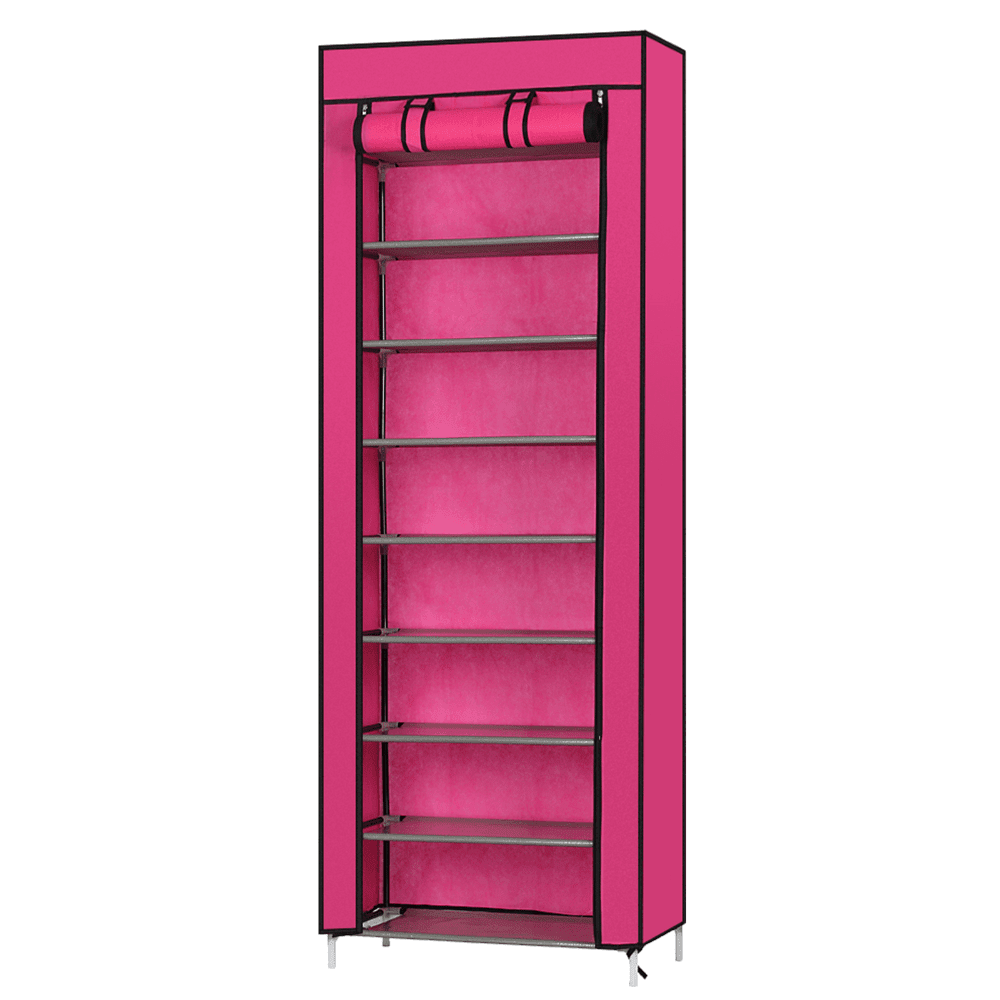 Hassch 10-Tier Shoe Rack with Cover and Side Pockets for Hallway Entryway, Rose Red