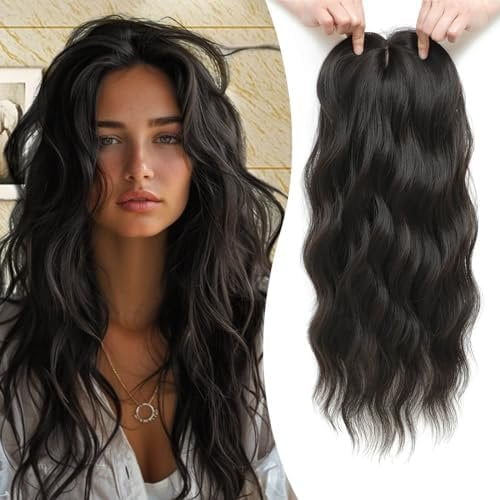 Hair Toppers for Women Clip in Hair Topper with Bangs 20inch Black Brown Long Wavy Curly Synthetic HairPieces for Women