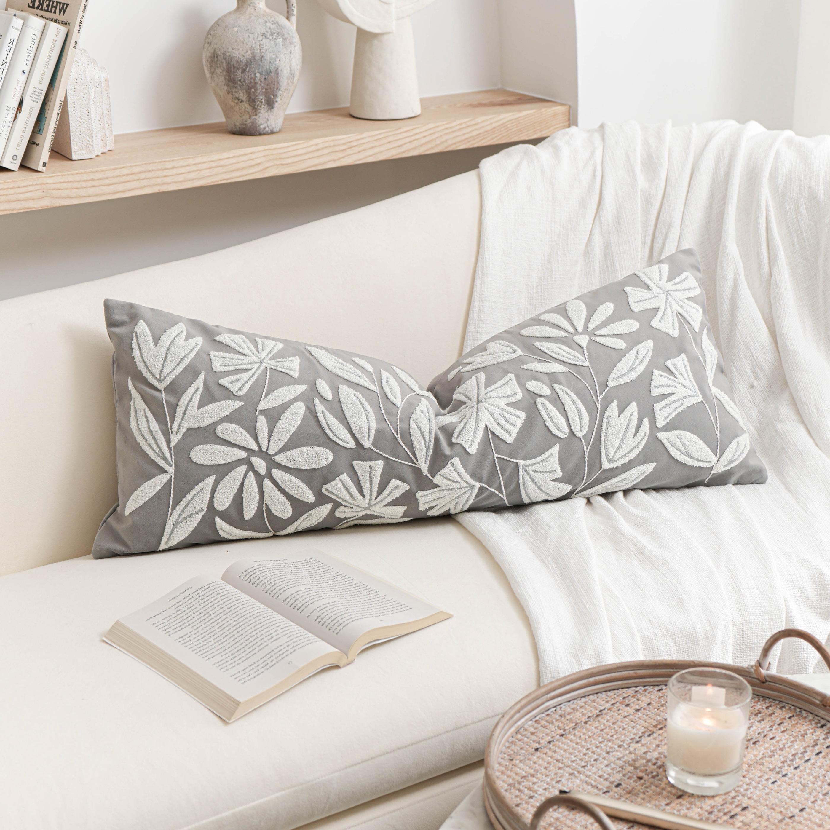 BlissBlush Grey Velvet Decorative Long Lumbar Pillow Cover 14x36, Light Gray Soft Body Pillow for Bed, Accent Lumbar Throw Pillow for Bedroom, Modern Farmhouse Textured Pillowcase