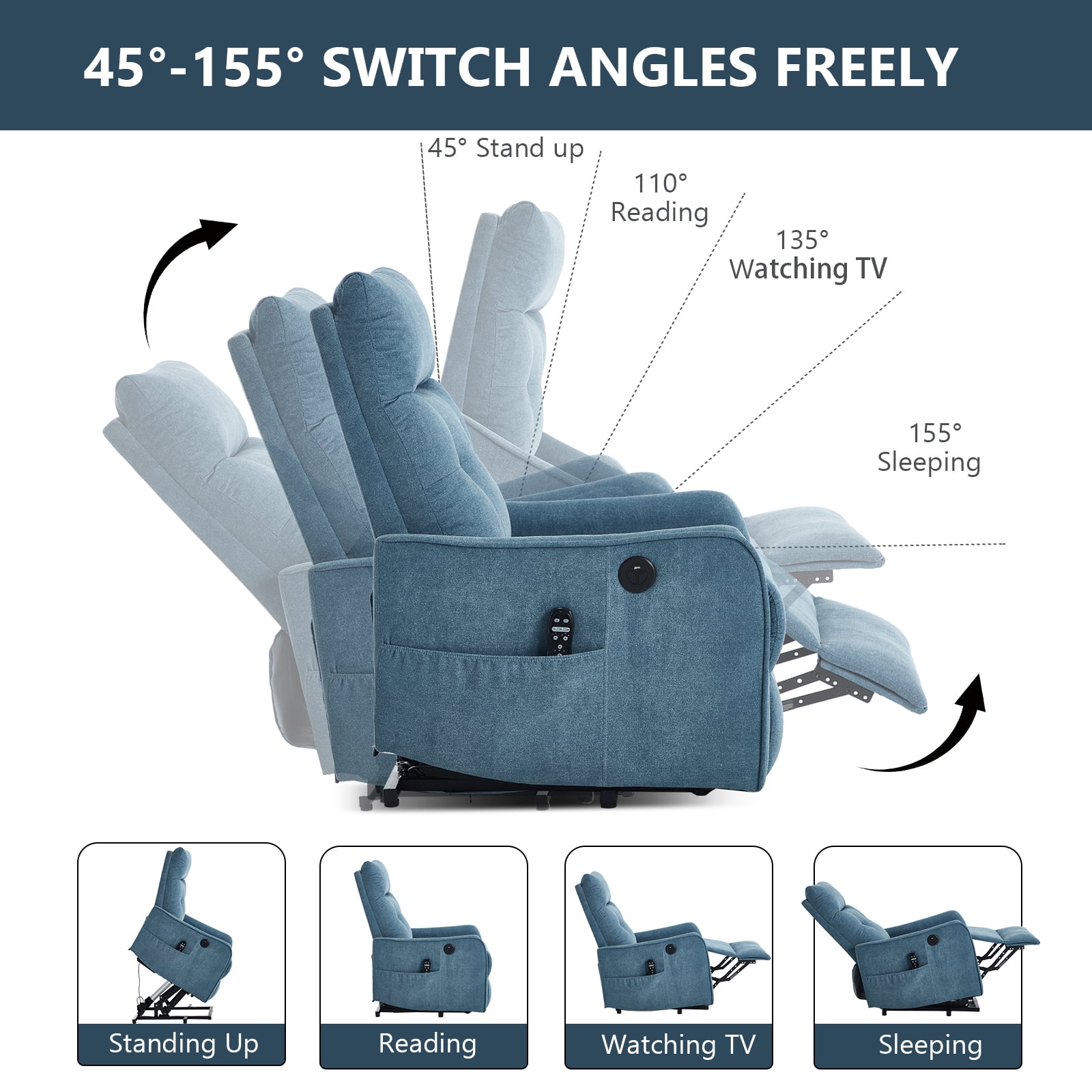 Power Lift Recliner Chair with Massage and Heat for Elderly, Heavy Duty Single Motor Lift Chair with USB Port, Easy-Clean Chenille Fabric, No Tools Assembly in One Box, Max 155° Reclining