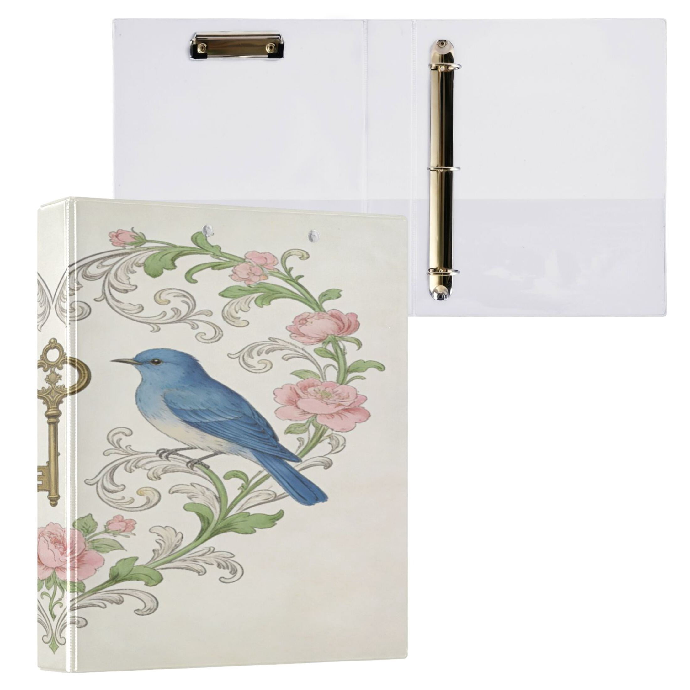 2 Pack PVC Round Ring Binders, 200 Sheet Capacity D-Ring File Folder with Metal Clip and Clear Pocket Flower and Bird Keychain